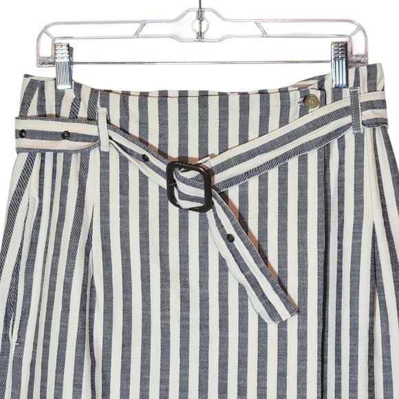 Anthropologie Striped Pencil Skirt Wrap Belted Midi Knee Length Blue & White 10 - Picture 3 of 14